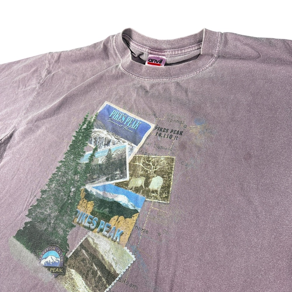 Vintage Anvil Pikes Peak Colorado Graphic T-Shirt Mens XL Faded Purple Gorpcore